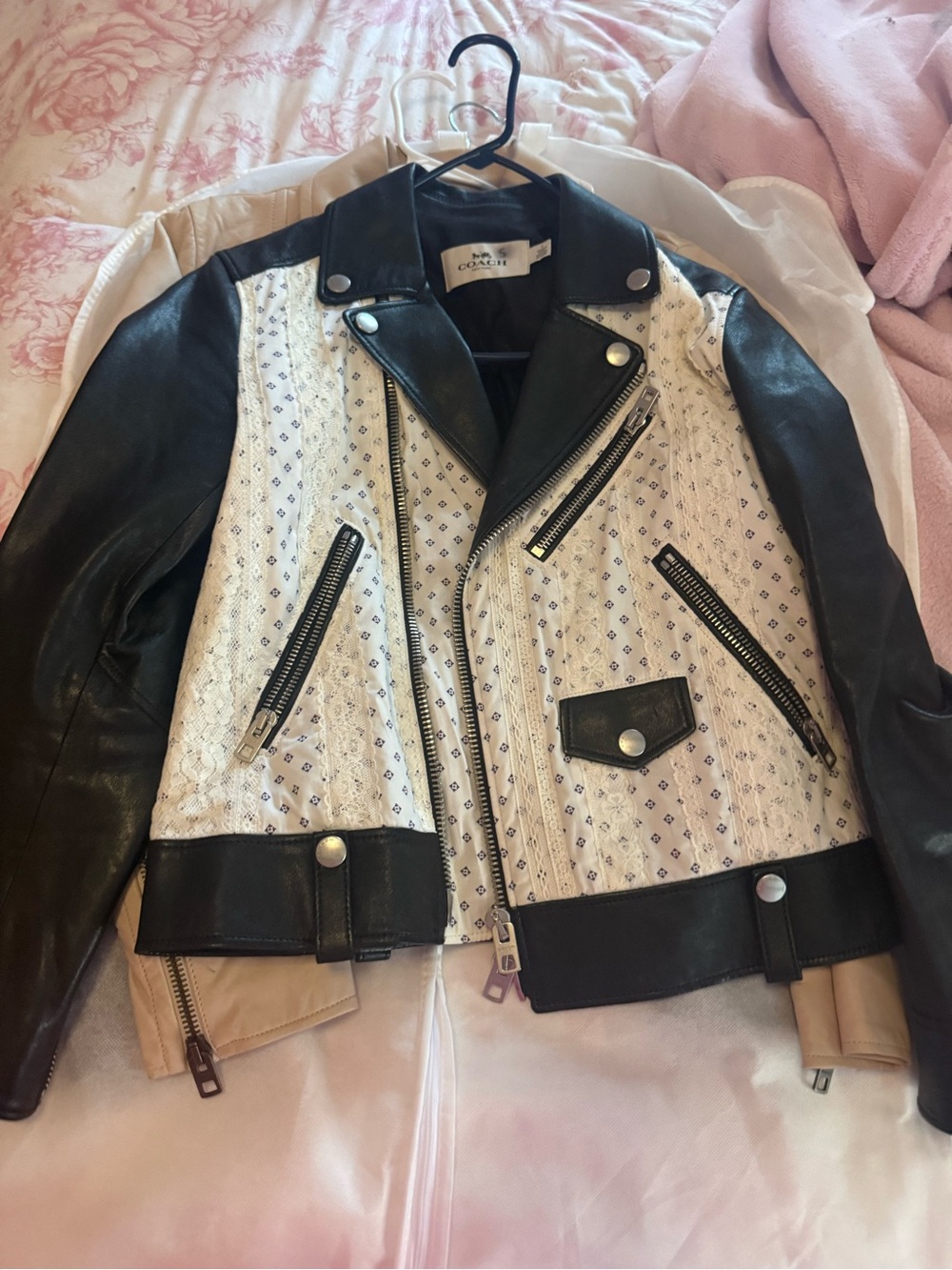 Coach Black Leather Moto Jacket with Lace Pattern